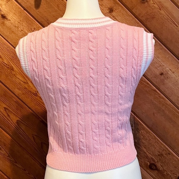 NWT Sugar Moon Pink Knit V Neck Vest White Trim Pullover Extra Small Stretchy - Picture 5 of 9